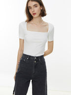 fano Creative Square Neck Slim Fit Minimalist Women Black White Short Sleeve T-Shirts