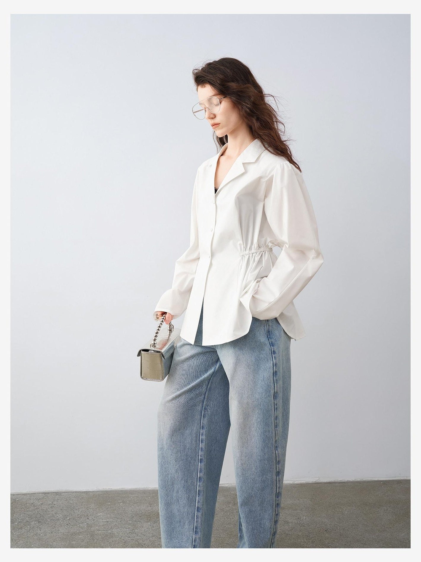 audreyyang Durable Viscose Slim Waist Casual Lapel Button Long Sleeve Blouses