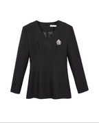 audreyyang Slim Waist Fitted Crew Neck Polyester Women Black Gray Long Sleeve Crop Tops