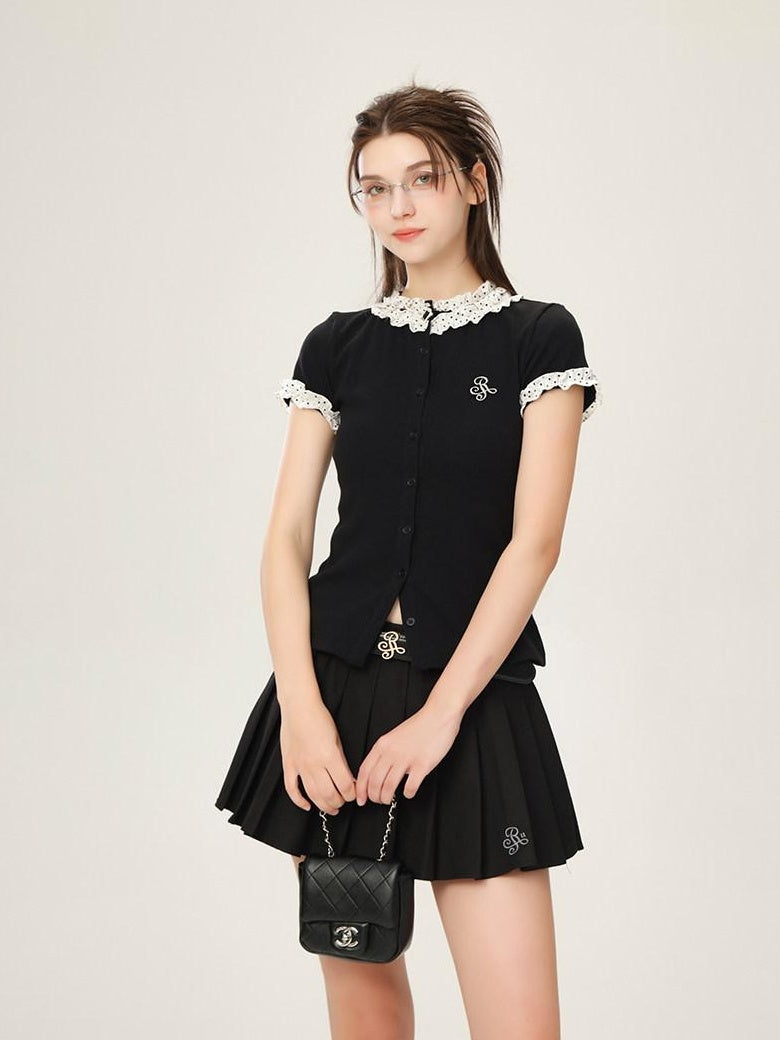 ikyou Cotton Stretch Slim Polka Dot Ruffle Women Short Sleeve Buttoned Knit Cardigans