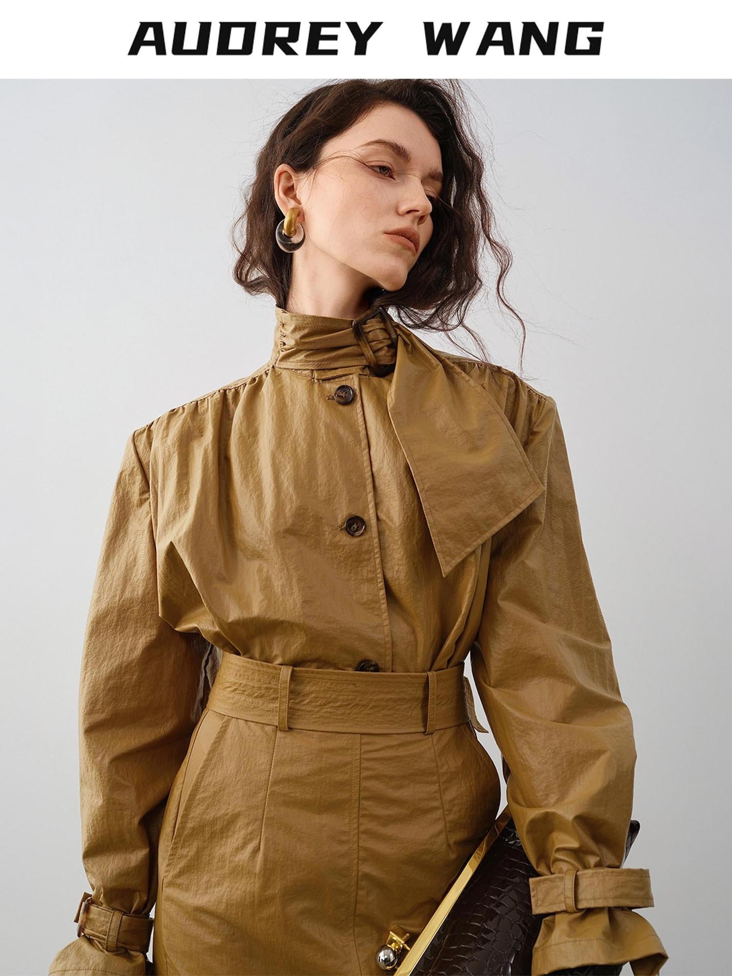 audreyyang Slimming Loose Cuffed Sleeves Button Women Mustard Green Leather Jackets