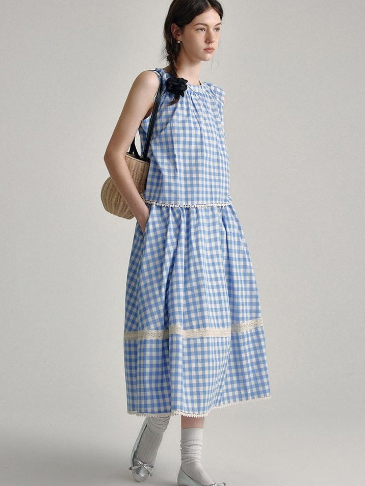 fano 100 Percent Cotton Round Neck Blue White Gingham Top & Skirt Sets