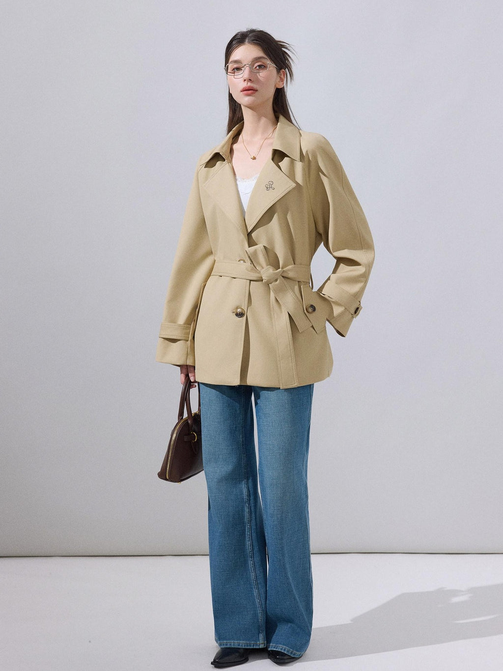 ikyou Lightweight Khaki High Waist Belted Artistic Lapel Women Trench Coats