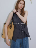 Lofi choose Button Front Loose Workwear Sleeveless Charcoal Off Shoulder Crop Tops