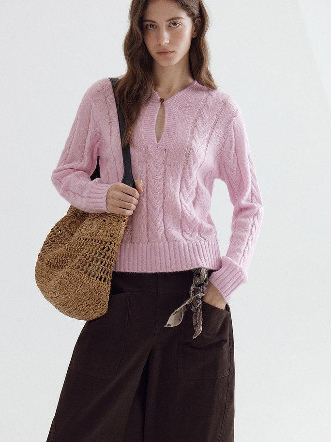 fano Warm V-neck Button Detail Minimal Commuter Fit Pink Women Acrylic Blend Sweaters