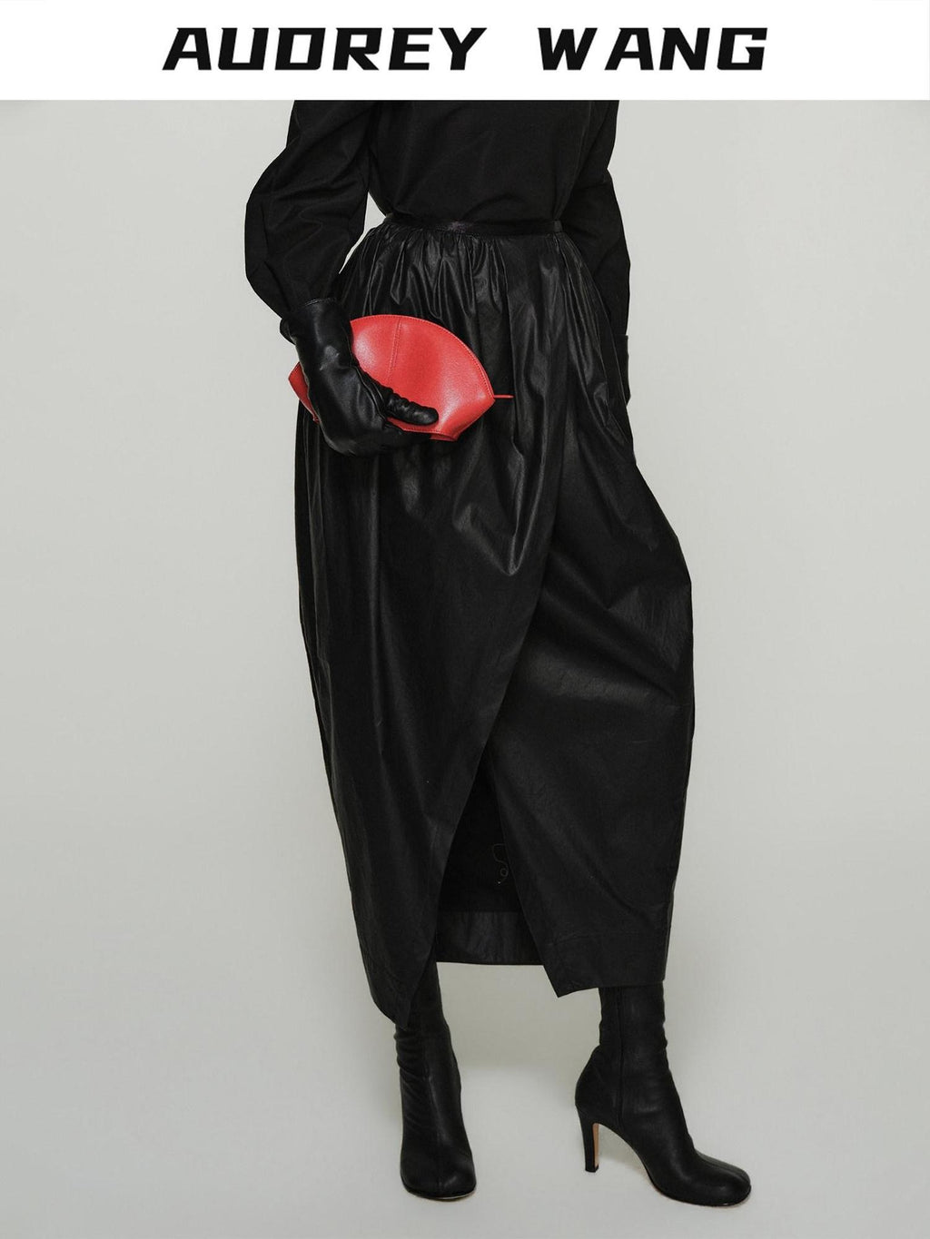 audreyyang Shape Retaining Cotton Pleated Bubble Midrise Elastic Front Slit Midi Skirts