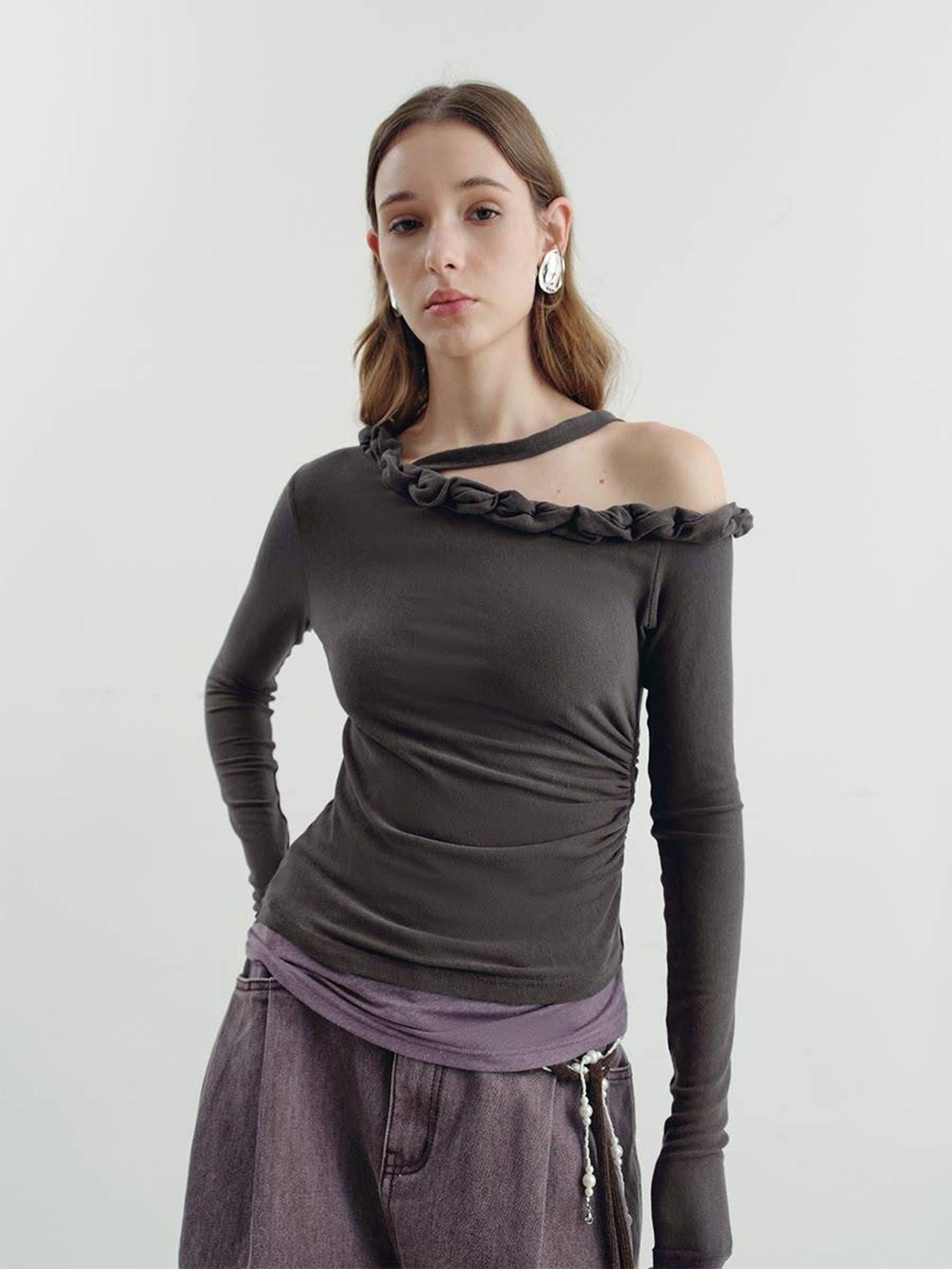someonesometimes Lyocell Linen Blend Asymmetric Neckline Slim Fit Women Long Sleeve T-Shirts