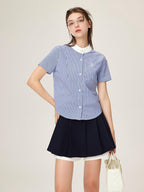 ikyou Embroidered Patchwork Straight Fit Stand Collar Short Sleeve Blue Button Blouses