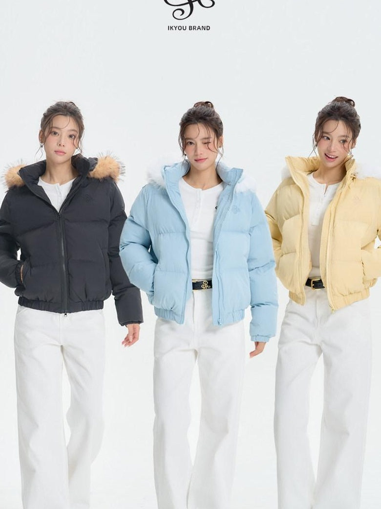 ikyou Thick Embroidered Detachable Hood Straight Fit Commuter Polyester Puffer Jackets