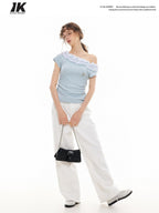 ikyou Wrinkle Free Ruffle Slim Asymmetric Neck Women Solid Blue Short Sleeve T-Shirts
