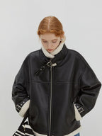 fano Thick Loose Fit Commuter Viscose Zipper Women Black Leather Jackets