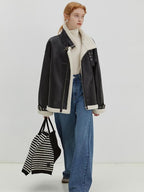 fano Thick Commuter Loose Fit Zipper Long Sleeve Women Black Leather Jackets