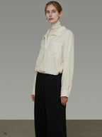 unspoken Breathable Lyocell Relaxed Button Collar Patch Pocket Women Beige Shirts
