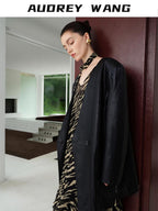 audreyyang Pu Leather Mid Length V-neck Oversized Workwear Office Casual Blazers