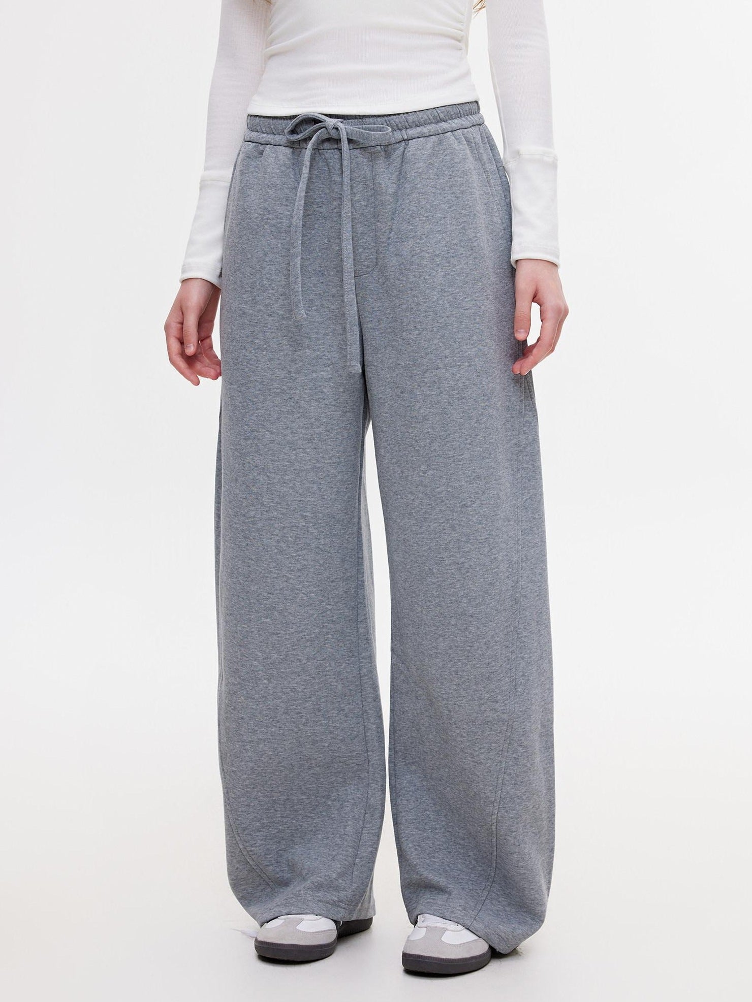 ikyou Warm Casual Pockets Elastic Waist Women Light Gray Stretch Wide Leg Pants