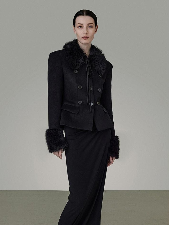 unspoken Warm Wool Blend Slim Fit Button Front Women Black Long Sleeve Cropped Jackets