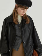 fano Warm Vintage Loose Fit Turn Down Collar Button Closure For Women Leather Jackets