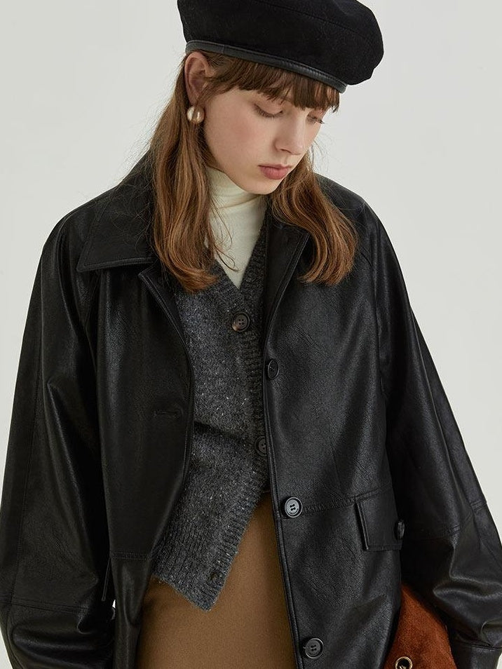 fano Warm Vintage Loose Fit Turn Down Collar Button Closure For Women Leather Jackets