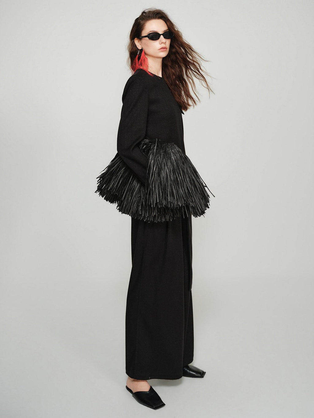 audreyyang Elegant Slim Waist Poly Blend Round Neck Midlength Pullover Black Long Coats