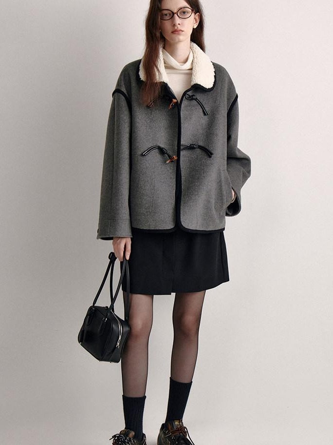 fano Wool Blend Toggle Pocket Straight Minimal Workwear Women Heather Gray Short Coat