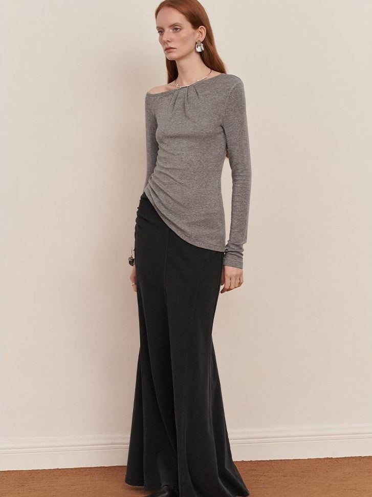 someone sometimes Lyocell Wool Blend Lightweight Asymmetric Neck Slim Casual Long Sleeve T-Shirts