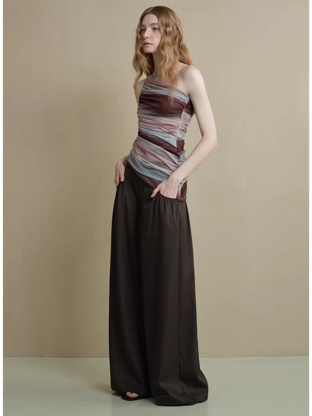 someonesometimes Comfort Minimalist Elastic Natural Waist Office Dark Brown Wide Leg Pants
