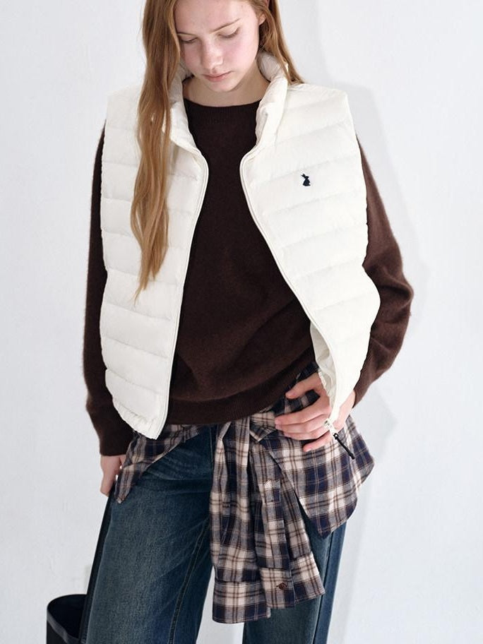 fano 90% White Duck Down Sleeveless Straight Stand Collar Zipper Beige Down Jackets