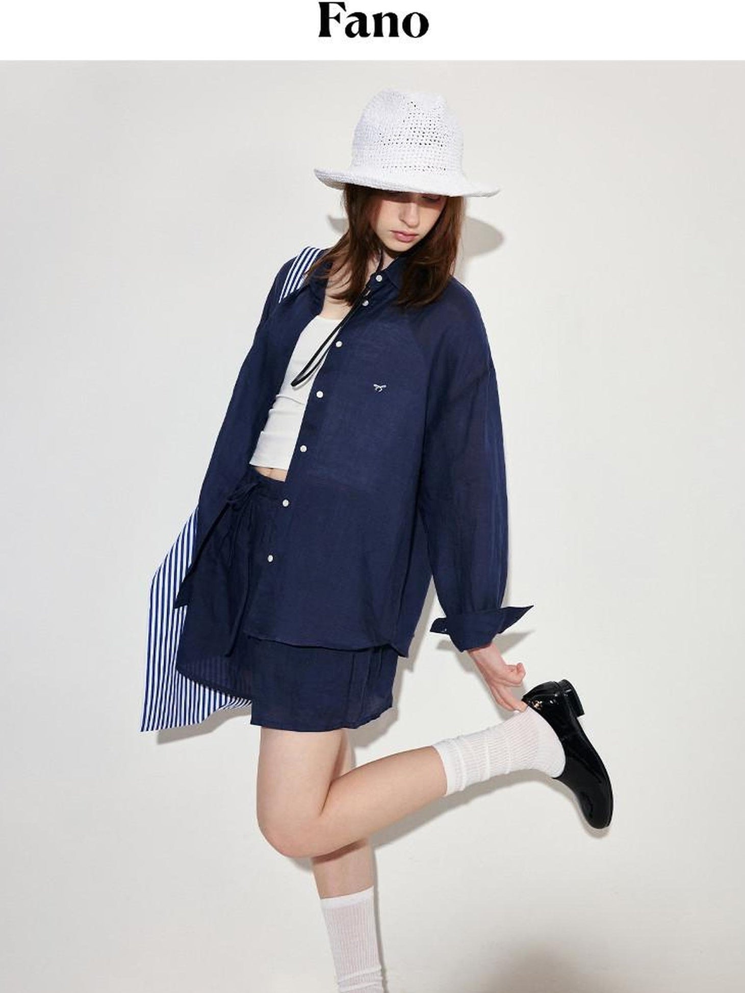 fano Comfortable Collared Long Sleeve Navy Two Piece Women Top & Shorts Sets