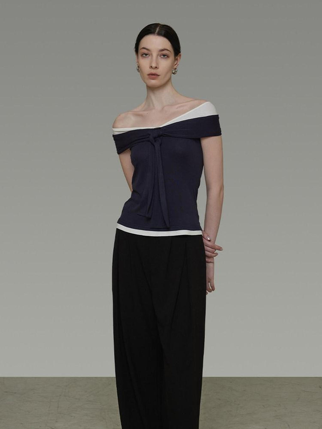 unspoken Slim Knit Tie Detail Office Long Sleeve Asym Navy White Off Shoulder Crop Tops
