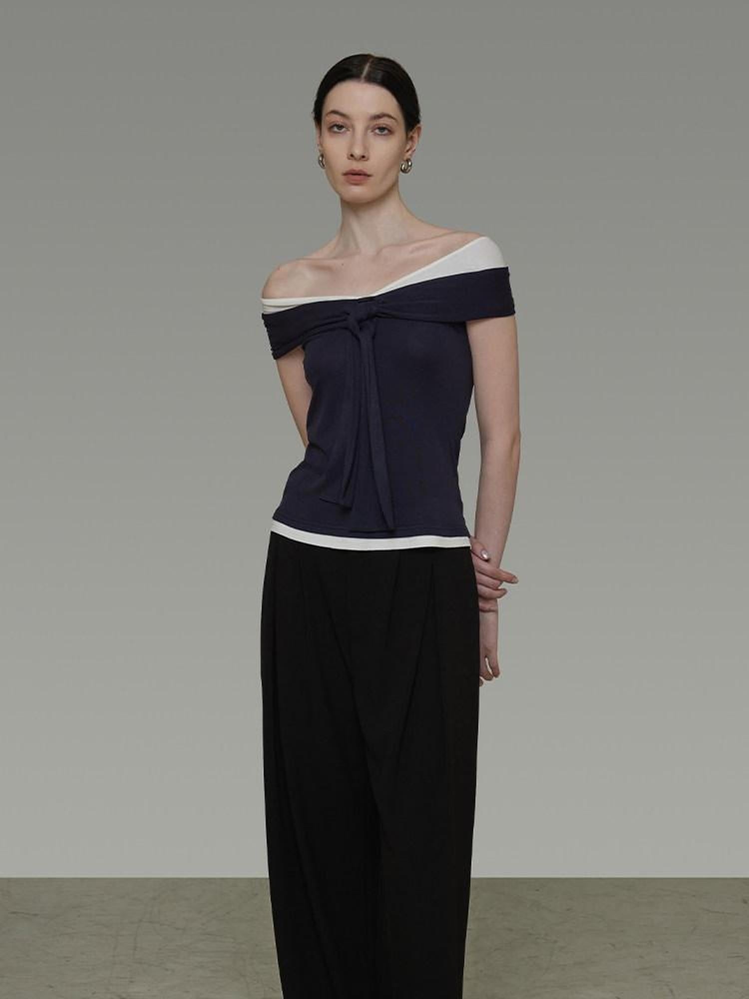 unspoken Slim Knit Tie Detail Office Long Sleeve Asym Navy White Off Shoulder Crop Tops