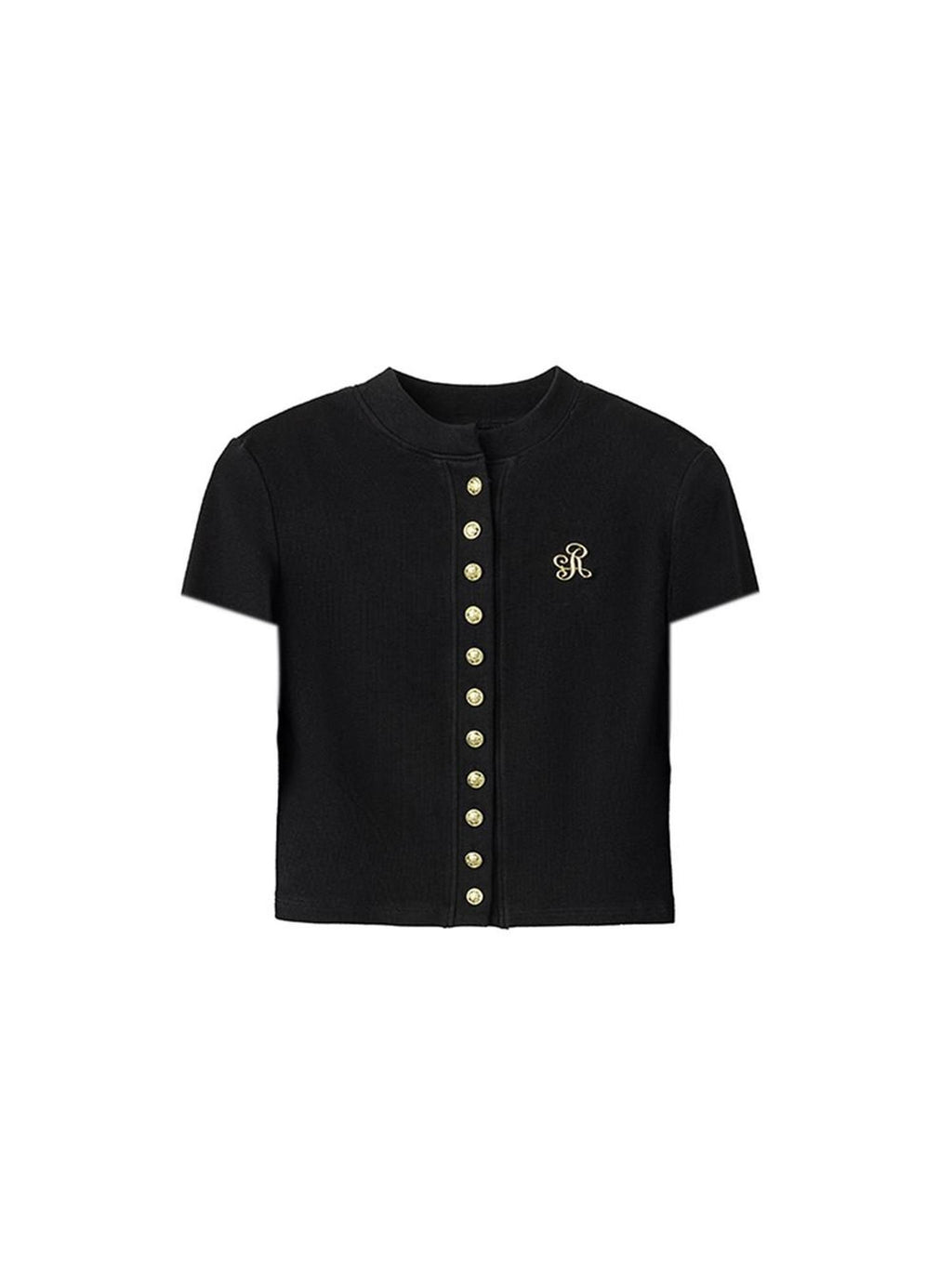 ikyou 3D Embellished Minimal Slim Short Sleeve Stand Collar Black Knit Women Cardigans