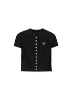 ikyou 3D Embellished Minimal Slim Short Sleeve Stand Collar Black Knit Women Cardigans