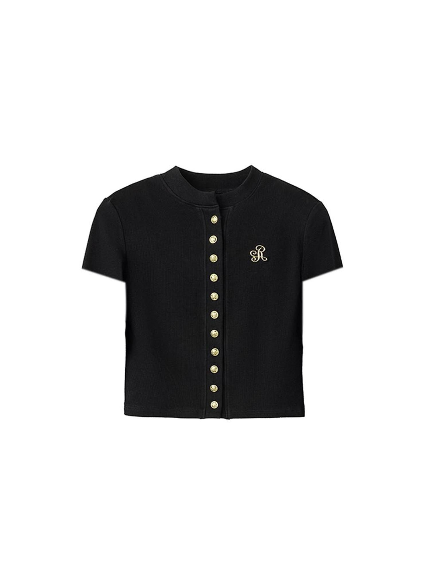 ikyou 3D Embellished Minimal Slim Short Sleeve Stand Collar Black Knit Women Cardigans