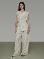 unspoken Breathable Linen Blend Sleeveless V-neck Tie Front Loose Fit Work White Blouses