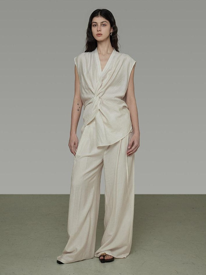 unspoken Breathable Linen Blend Sleeveless V-neck Tie Front Loose Fit Work White Blouses