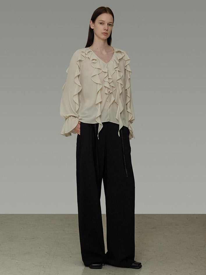 unspoken Breathable Soft Minimalist Commuter Loose Bell Sleeve V-neck Office Blouses