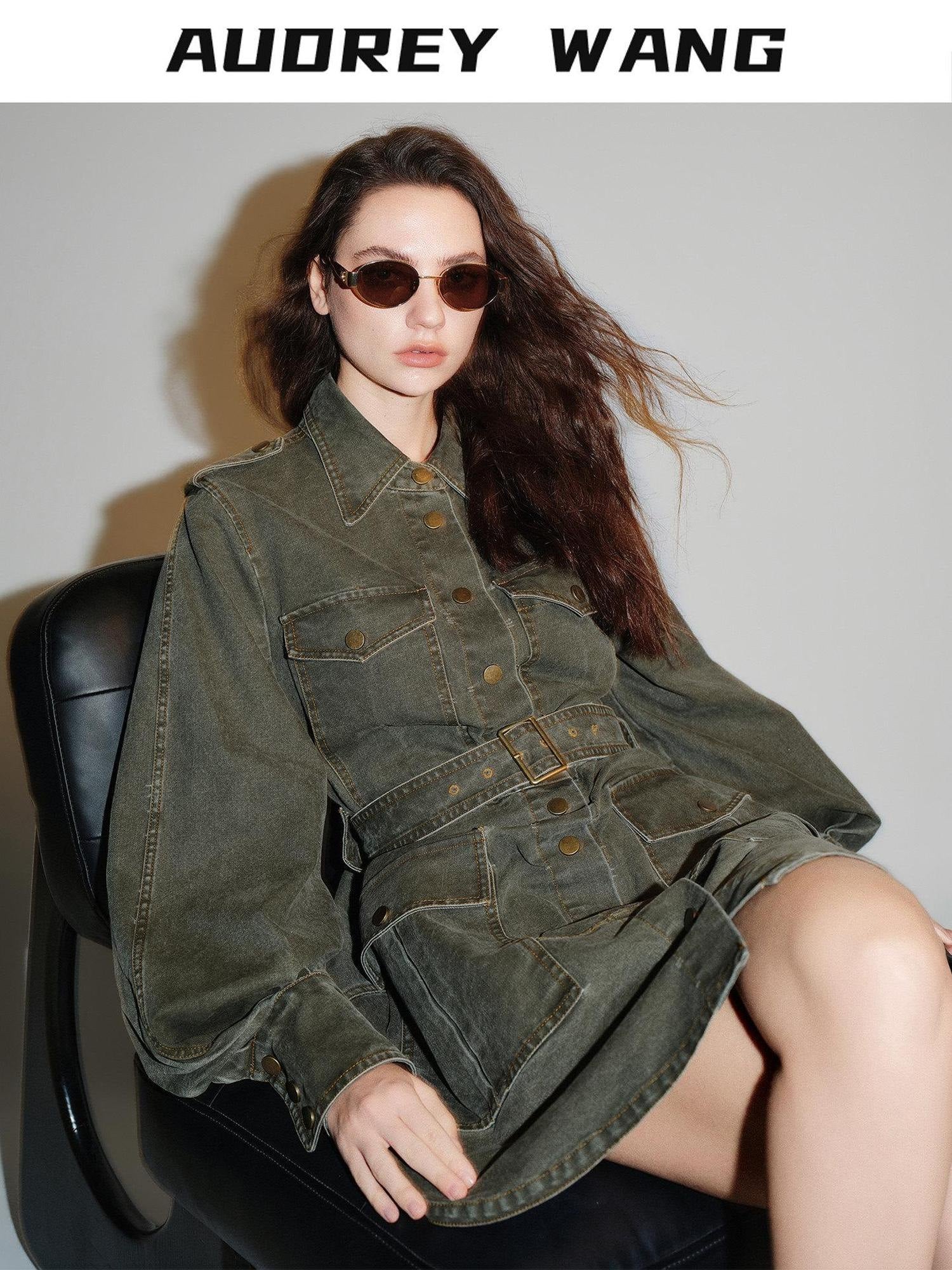 audreyyang 100 Percent Cotton Loose Casual Long Sleeve Military Green Denim Jackets
