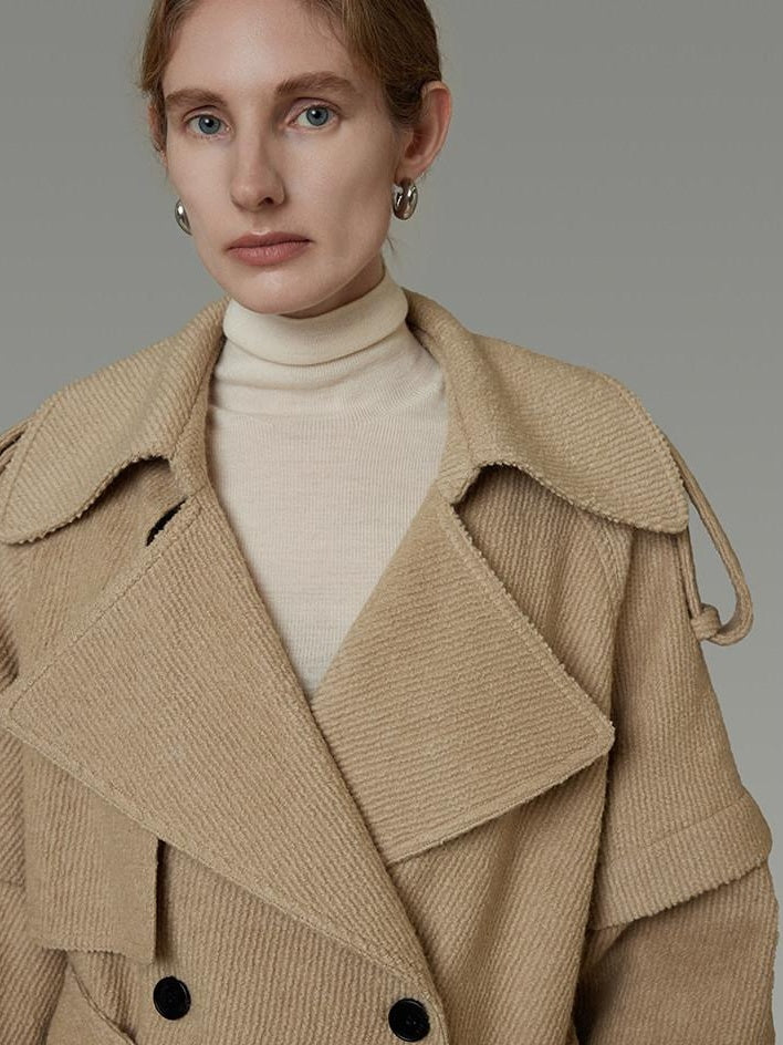 unspoken Elegant Minimal Workwear Oversized Double Breasted Lapel Khaki Wool Coats