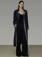 unspoken Minimal Navy Plaid Single Breasted Midlength Relaxed Women Trench Coats
