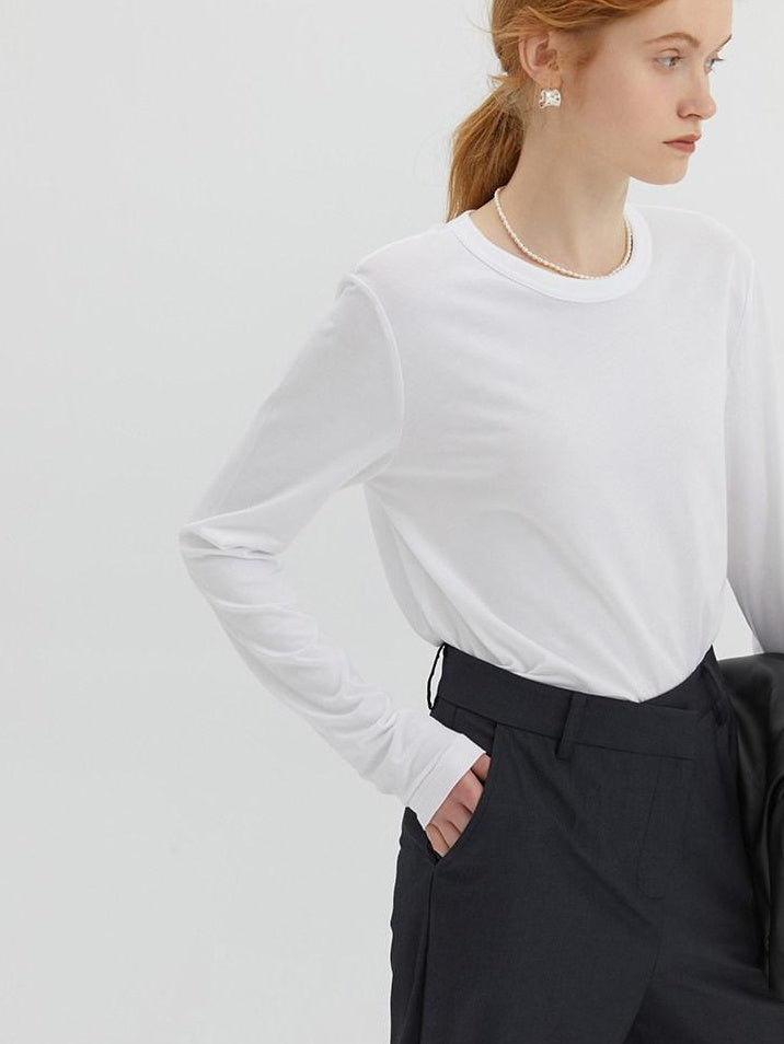 fano Minimalist 100 Percent Cotton Loose Crew Neck Women Basic Long Sleeve T-Shirts