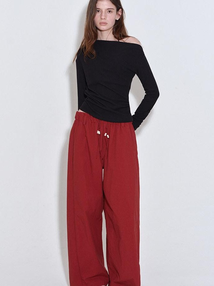 fano High Waist Elastic Minimal Korean Workwear Wide Leg Nylon Red Straight Pants
