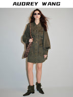 audreyyang Pure Cotton Relaxed Utility Button Women Military Green Denim Jackets