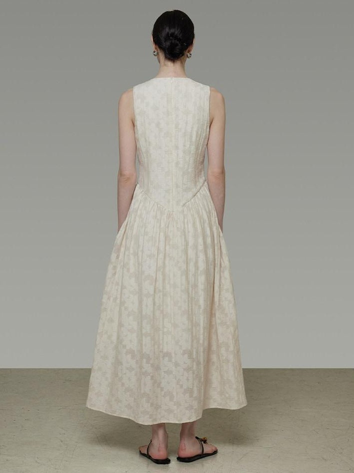 unspoken Elegant Jacquard V-neck High Waist A Line Sleeveless Work Off White Maxi Dresses