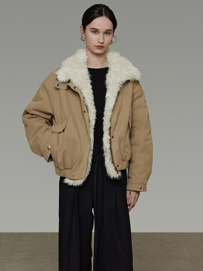 unspoken Thick Cotton Padded Patchwork Cropped Loose Commuter Khaki Puffer Jackets