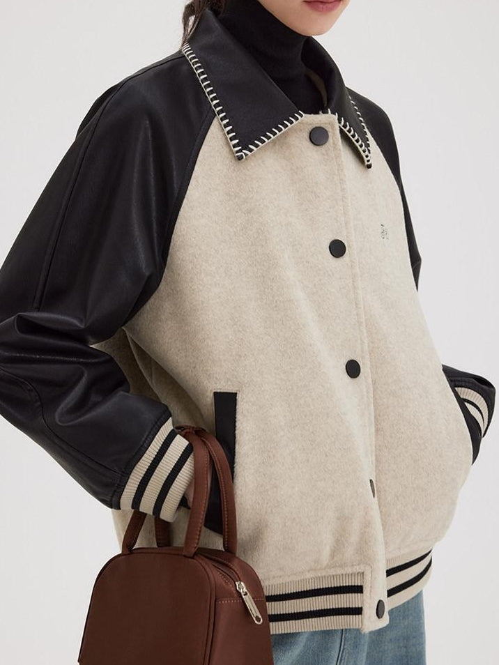 fano Shell Embroidered Commuter Loose Wool Raglan Women Colorblock Bomber Jackets