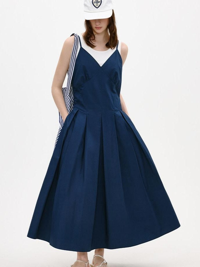 fano Cotton Spaghetti Strap A Line V-neck Office Antique Blue Maxi Dresses