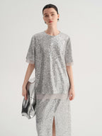 audreyyang Sparkling Sequin Casual Loose Fit Women Crew Neck Top & Skirt Sets