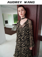 audreyyang Soft Viscose Ruffle Casual A Line Zebra V-neck Long Sleeve Maxi Dresses