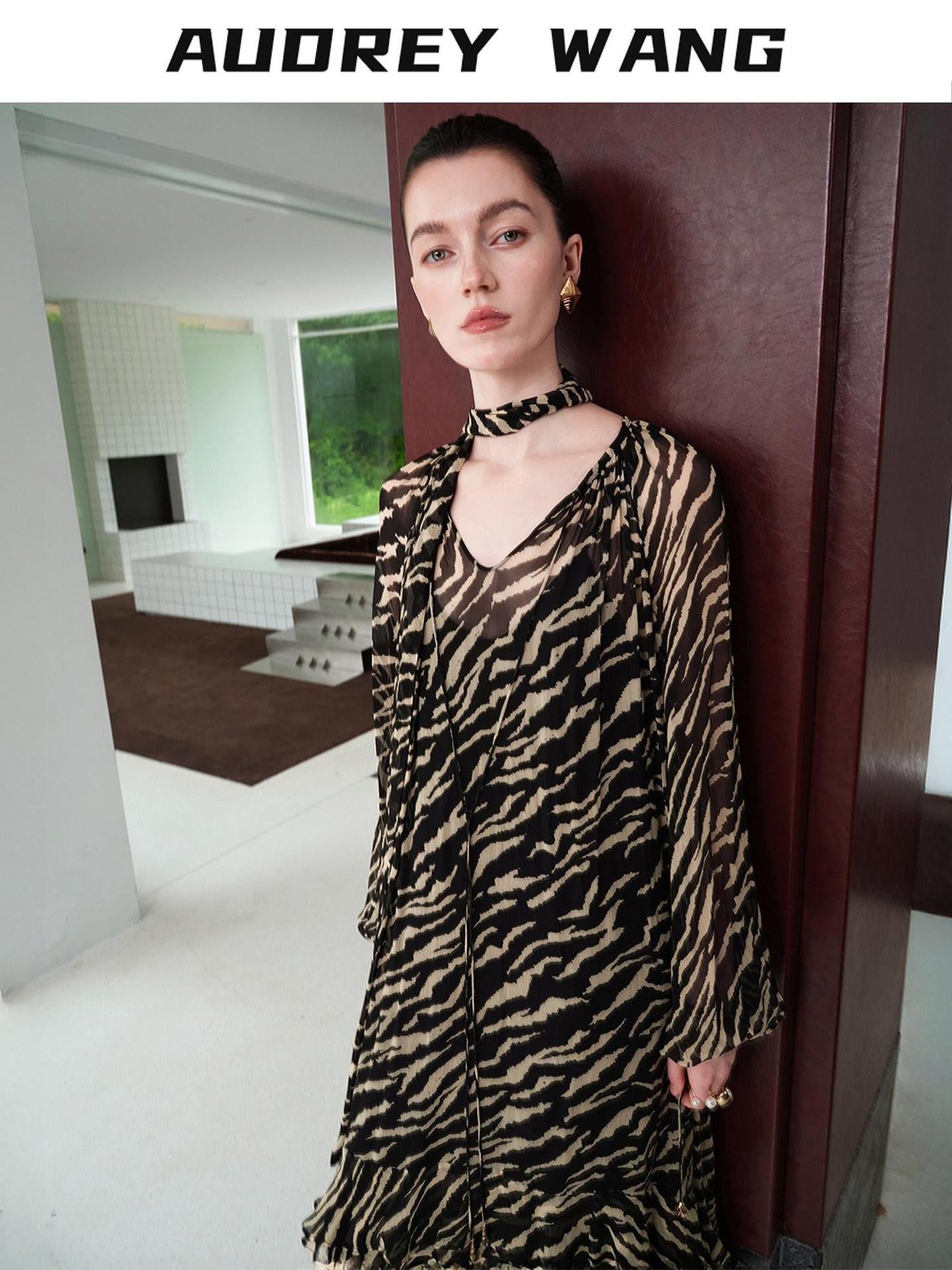 audreyyang Soft Viscose Ruffle Casual A Line Zebra V-neck Long Sleeve Maxi Dresses