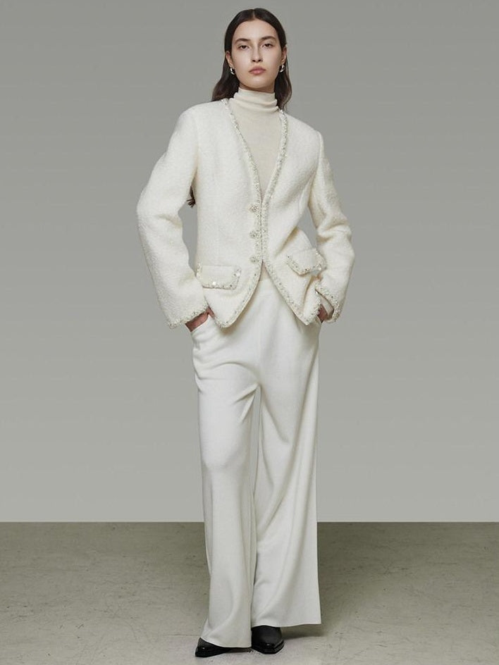 unspoken Soft Ivory Wool Blend Tailored Slim V-neck Long Sleeve Commuter Cardigans